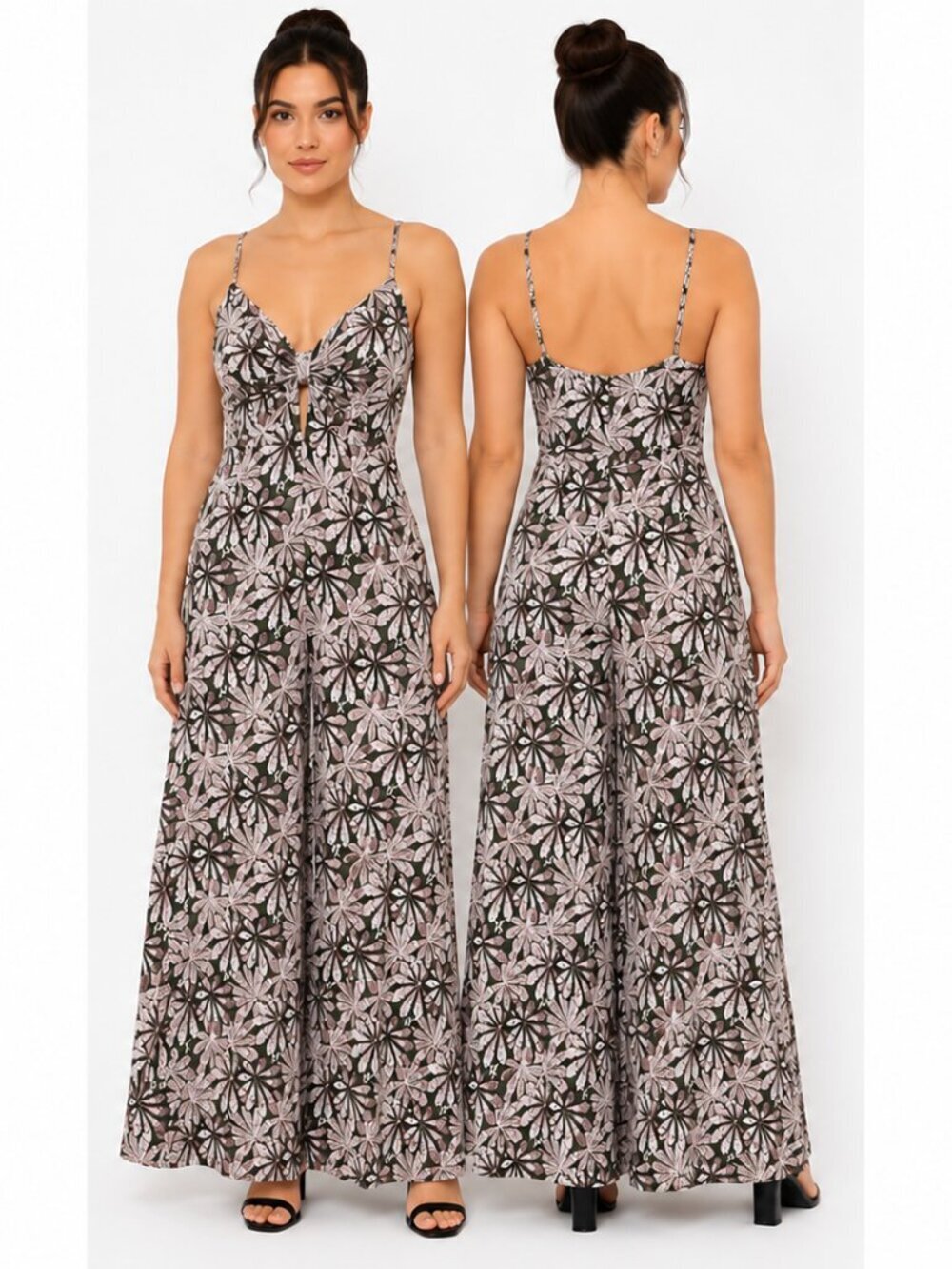Anthropologie Floral Medallion Twist Front Wide Leg Jumpsuit Green Pink Medium